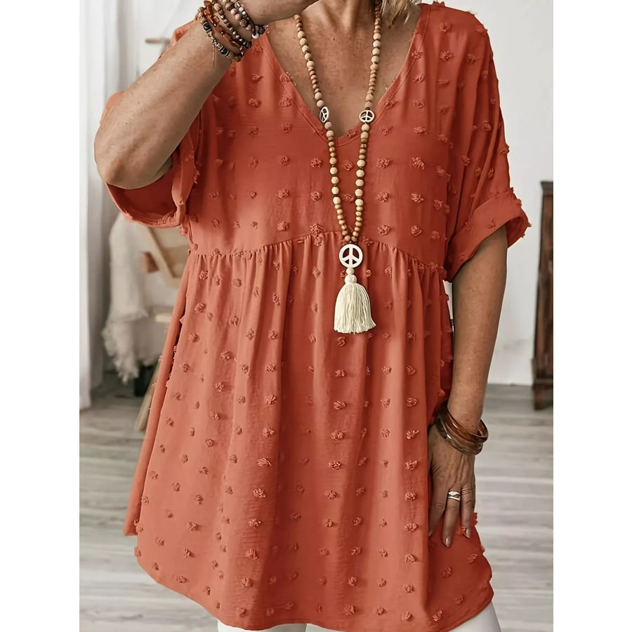 Plus Size Swiss Dot V-Neck Casual Blouse Apparel and Accessories