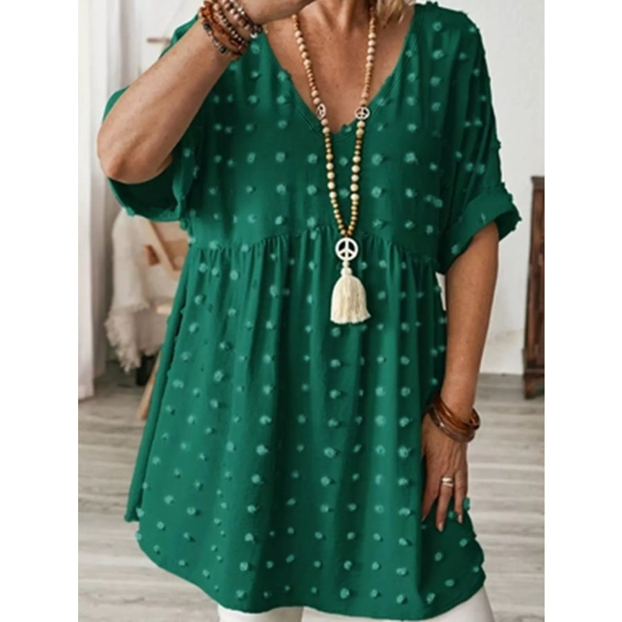 Plus Size Swiss Dot V-Neck Casual Blouse Apparel and Accessories