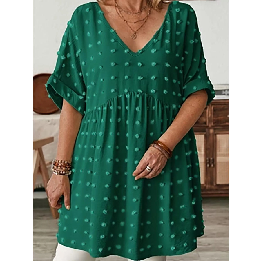 Plus Size Swiss Dot V-Neck Casual Blouse Apparel and Accessories
