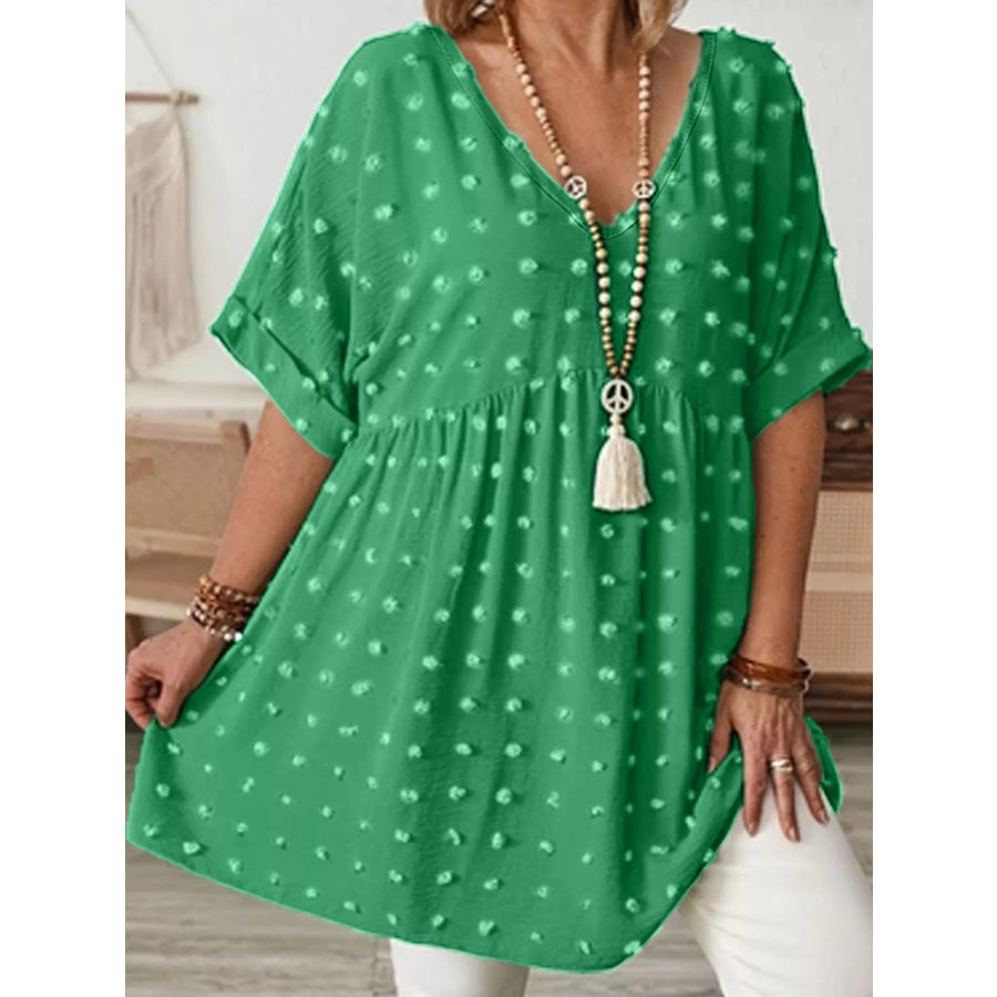 Plus Size Swiss Dot V-Neck Casual Blouse Apparel and Accessories