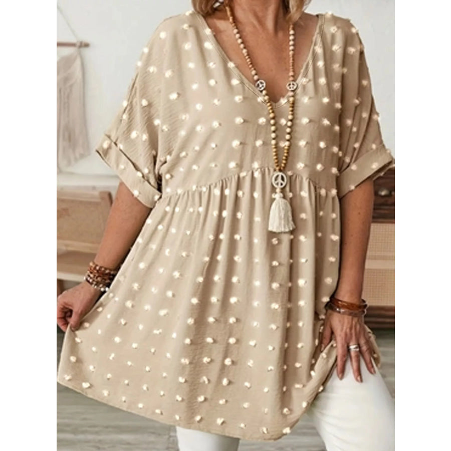 Plus Size Swiss Dot V-Neck Casual Blouse Apparel and Accessories