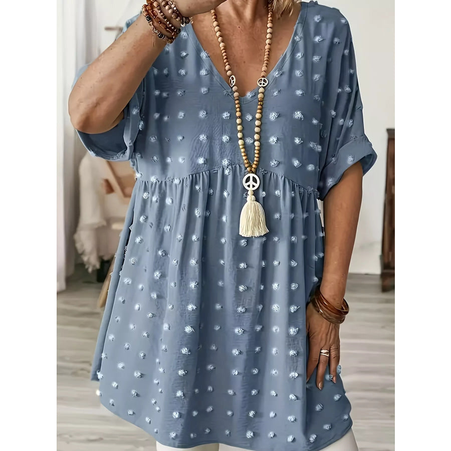 Plus Size Swiss Dot V-Neck Casual Blouse Apparel and Accessories