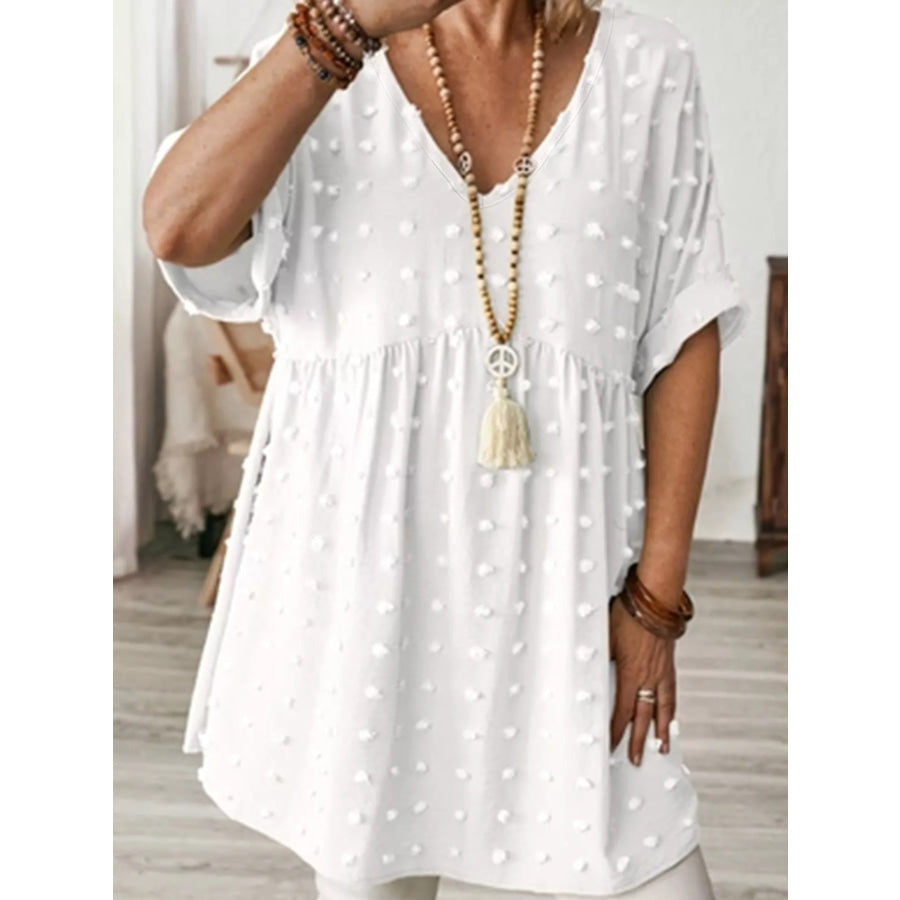 Plus Size Swiss Dot V-Neck Casual Blouse Apparel and Accessories