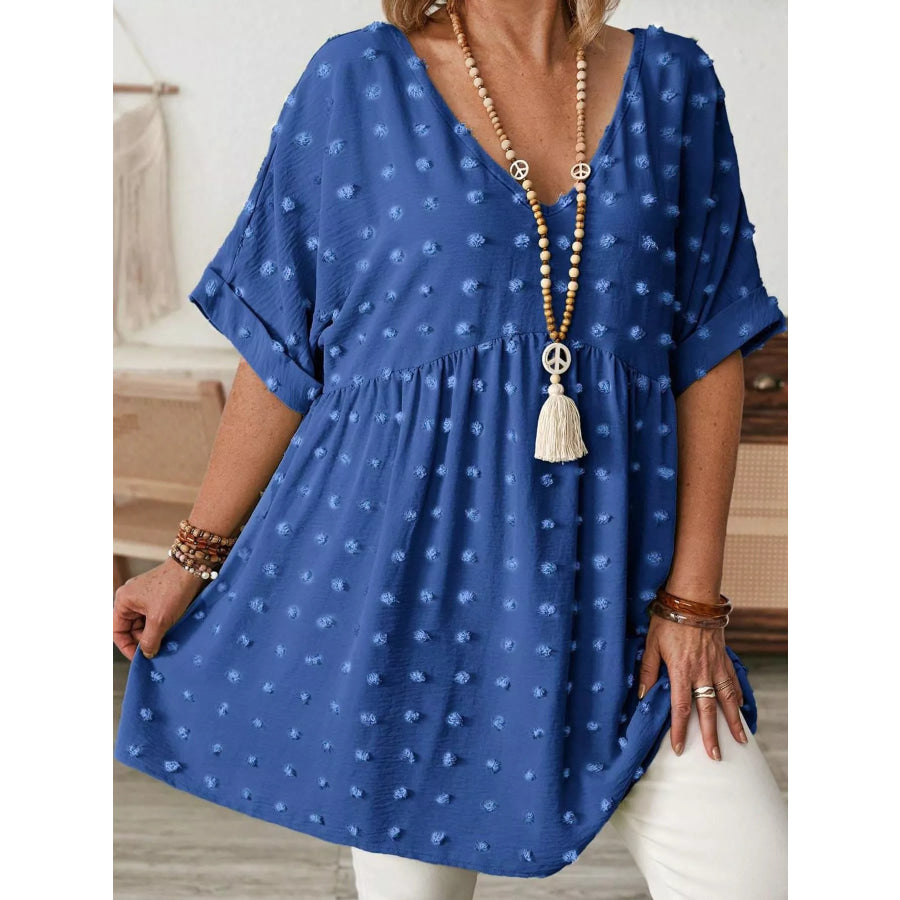 Plus Size Swiss Dot V-Neck Casual Blouse Apparel and Accessories