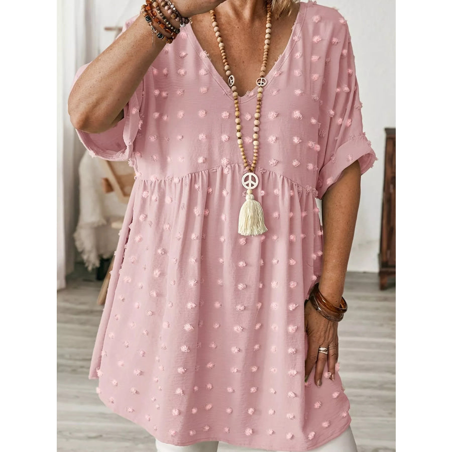 Plus Size Swiss Dot V-Neck Casual Blouse Apparel and Accessories