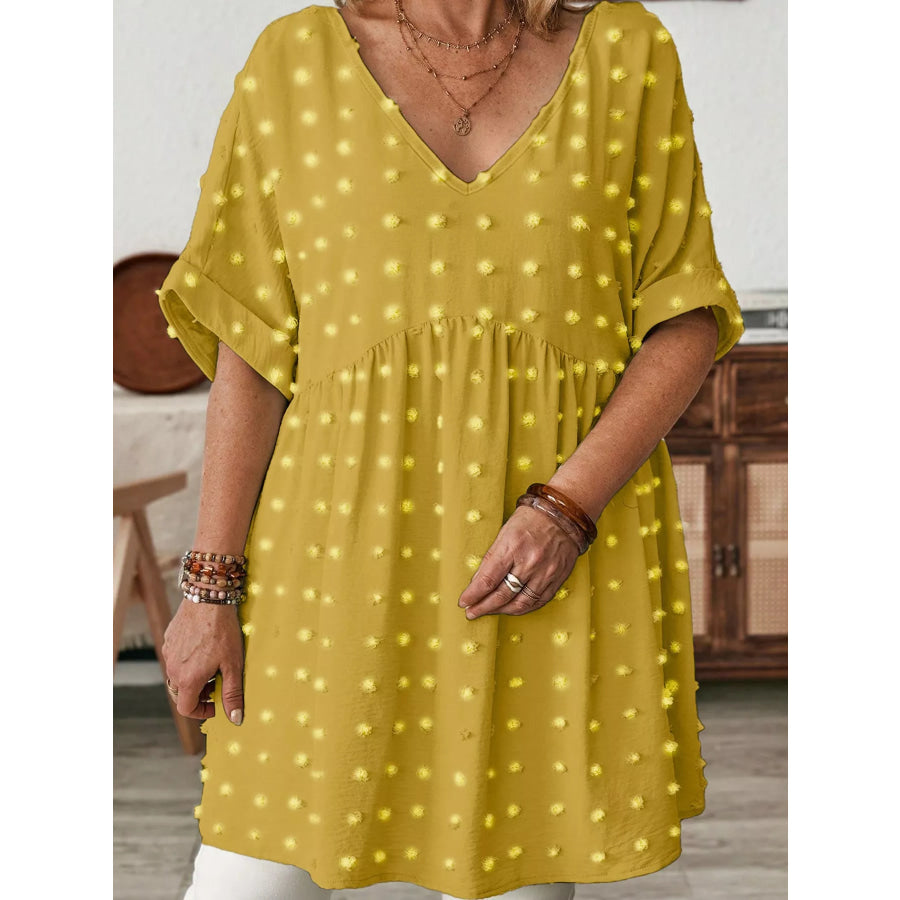 Plus Size Swiss Dot V-Neck Casual Blouse Apparel and Accessories