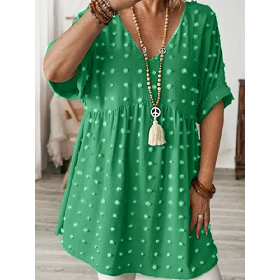 Plus Size Swiss Dot V-Neck Casual Blouse Apparel and Accessories