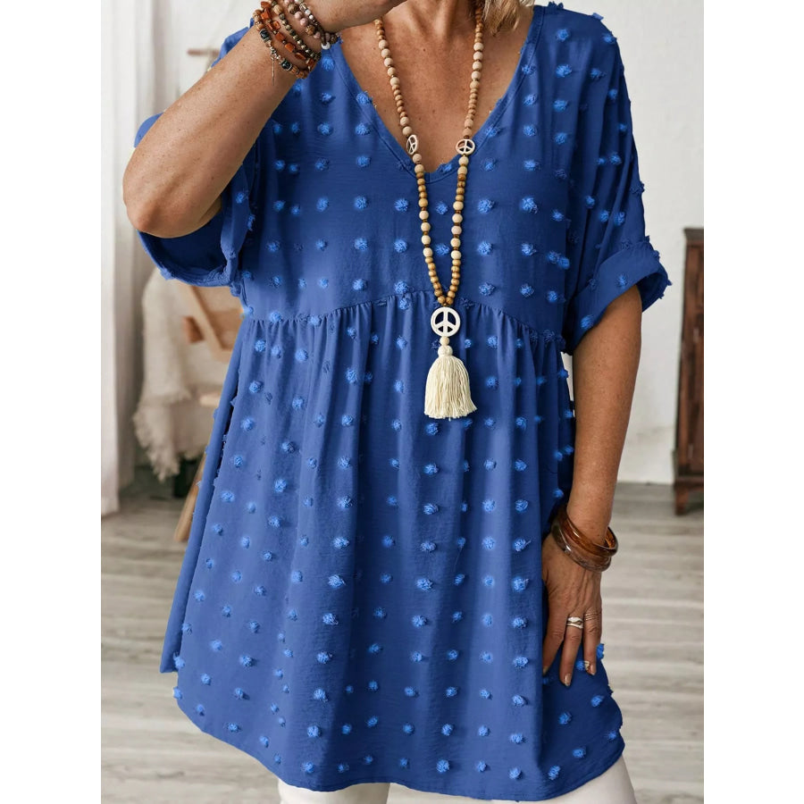 Plus Size Swiss Dot V-Neck Casual Blouse Apparel and Accessories