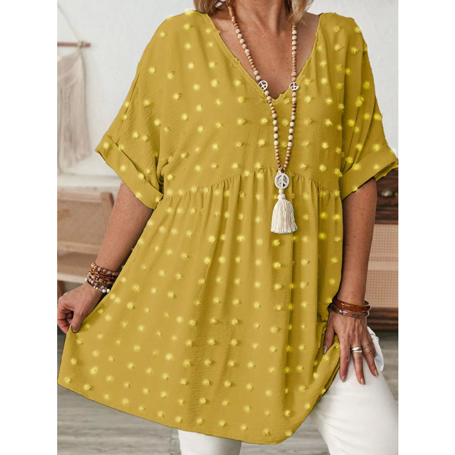 Plus Size Swiss Dot V-Neck Casual Blouse Apparel and Accessories