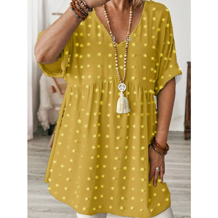 Plus Size Swiss Dot V-Neck Casual Blouse Apparel and Accessories