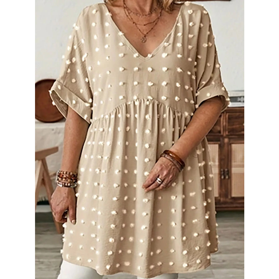 Plus Size Swiss Dot V-Neck Casual Blouse Apparel and Accessories