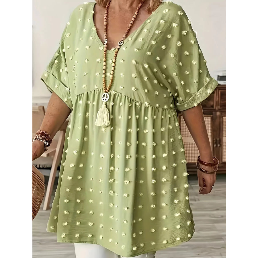 Plus Size Swiss Dot V-Neck Casual Blouse Apparel and Accessories