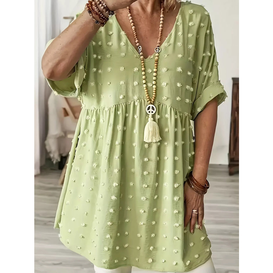 Plus Size Swiss Dot V-Neck Casual Blouse Apparel and Accessories
