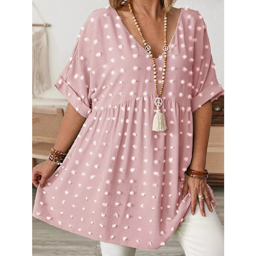 Plus Size Swiss Dot V-Neck Casual Blouse Apparel and Accessories