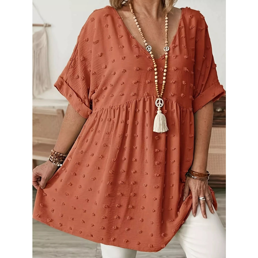 Plus Size Swiss Dot V-Neck Casual Blouse Apparel and Accessories