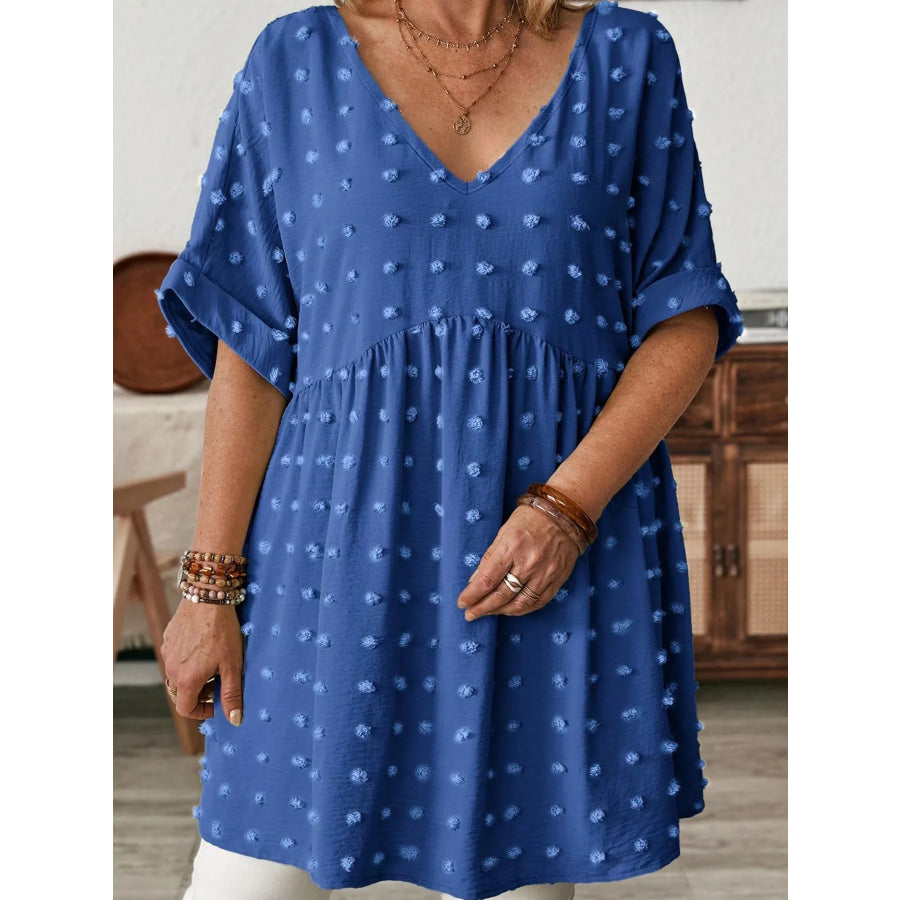 Plus Size Swiss Dot V-Neck Casual Blouse Apparel and Accessories