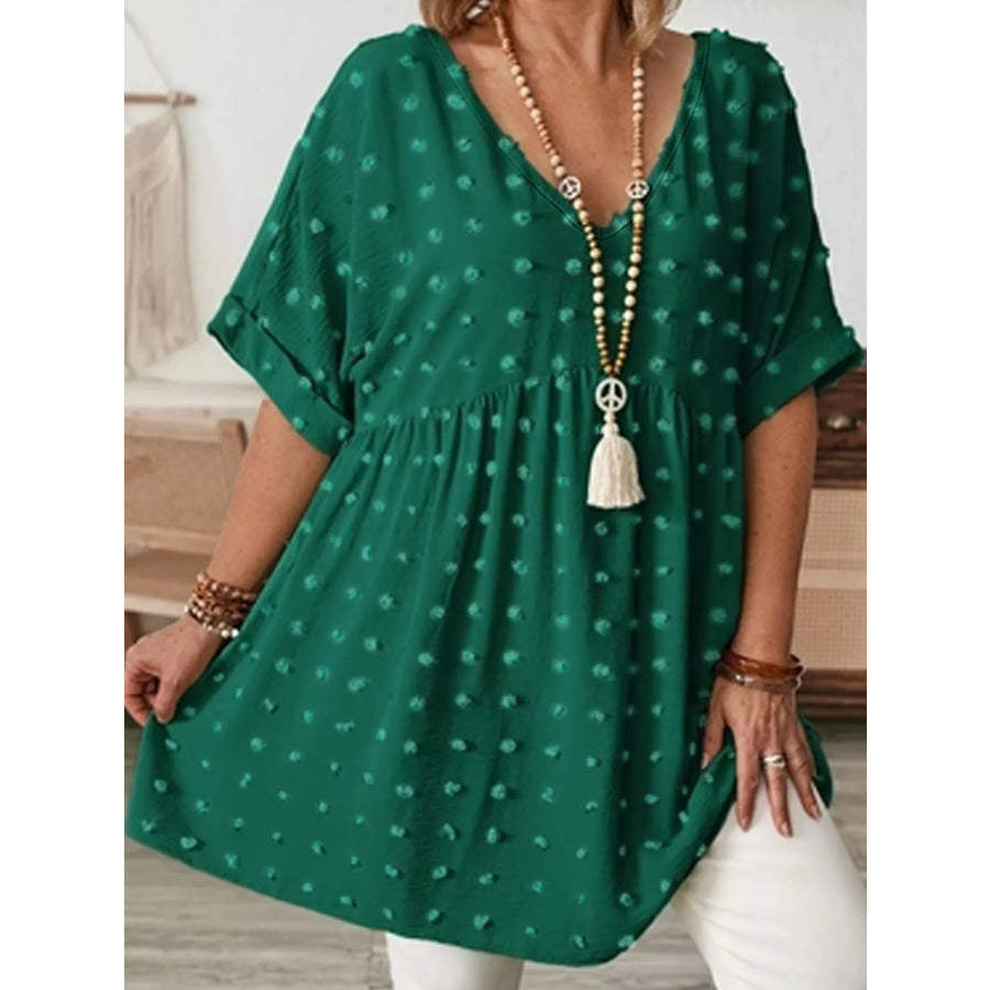 Plus Size Swiss Dot V-Neck Casual Blouse Apparel and Accessories