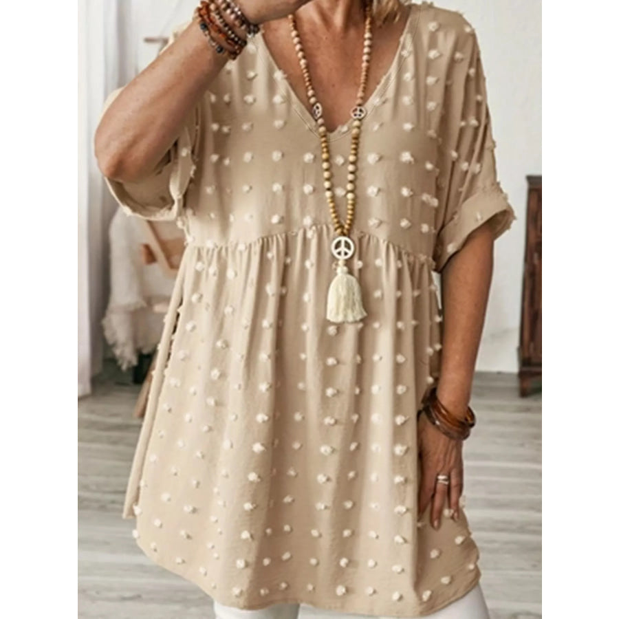Plus Size Swiss Dot V-Neck Casual Blouse Apparel and Accessories