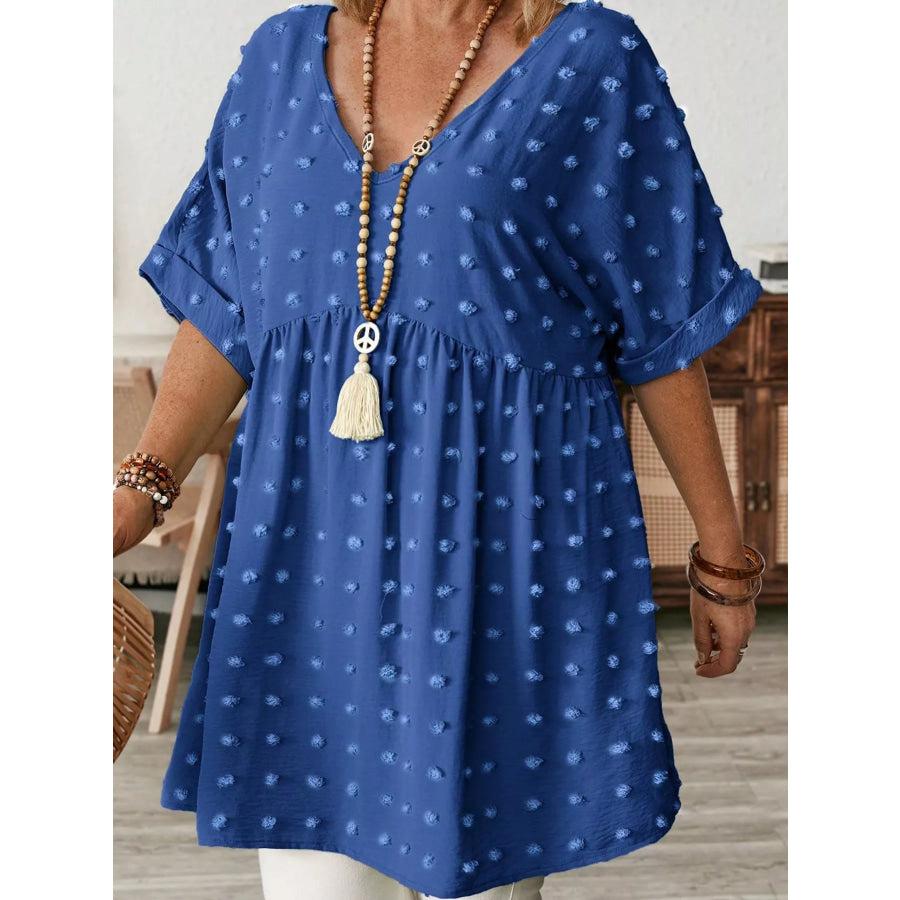 Plus Size Swiss Dot V-Neck Casual Blouse Blue / XL Apparel and Accessories