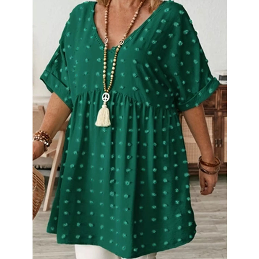 Plus Size Swiss Dot V-Neck Casual Blouse Dark Green / XL Apparel and Accessories