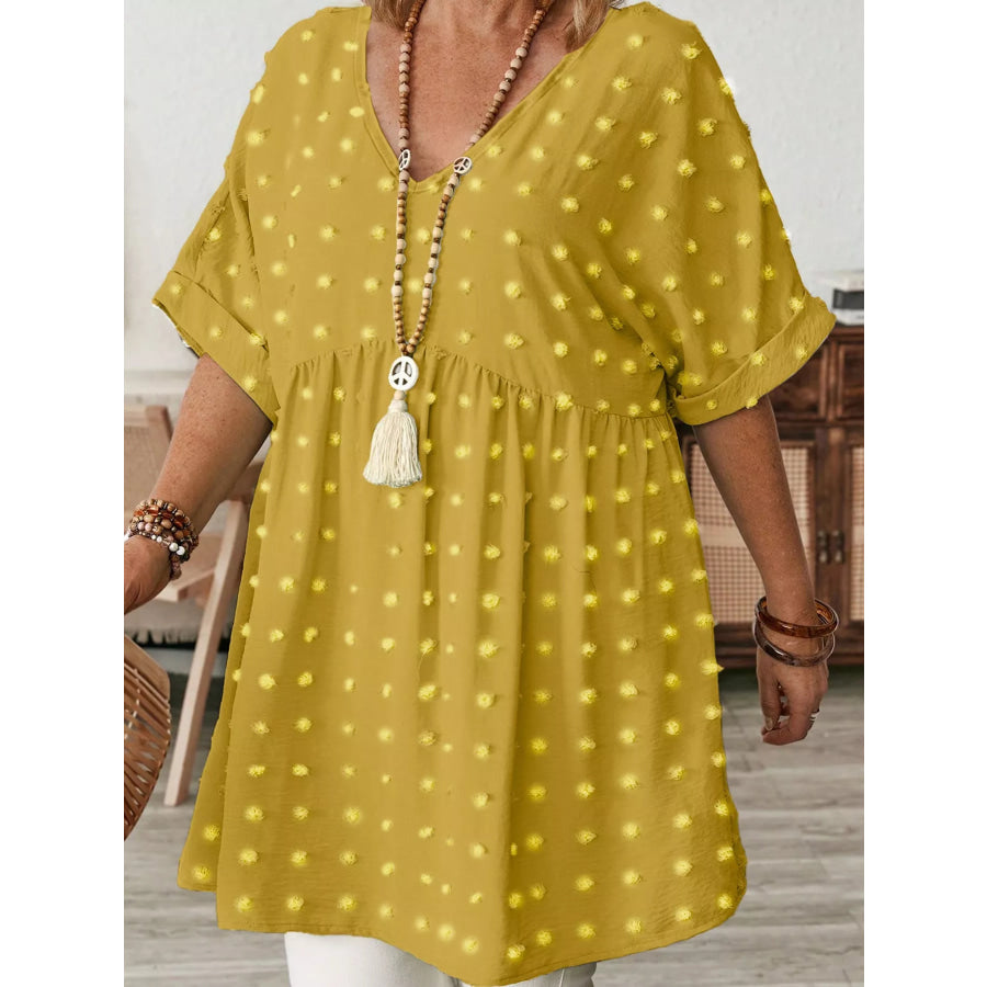Plus Size Swiss Dot V-Neck Casual Blouse Gold / XL Apparel and Accessories
