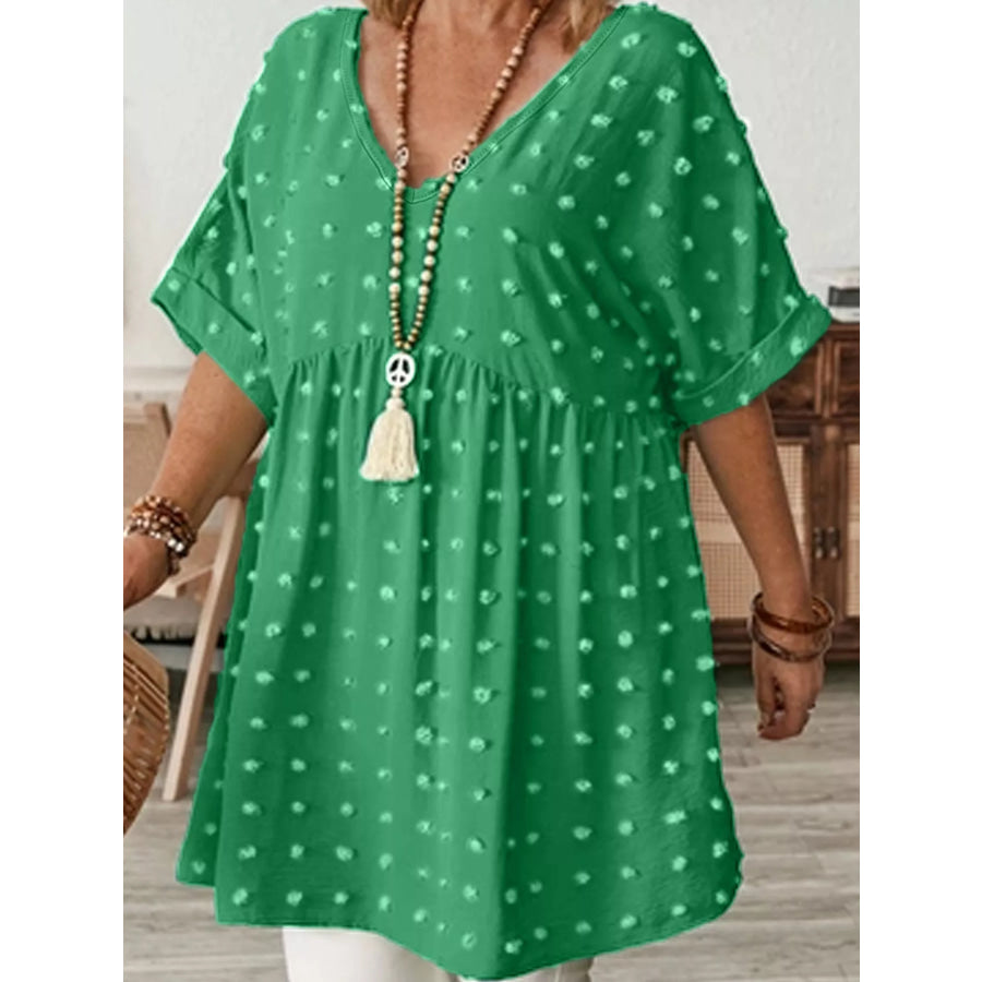 Plus Size Swiss Dot V-Neck Casual Blouse Green / XL Apparel and Accessories