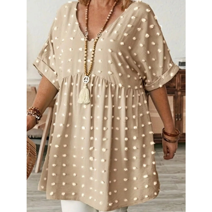 Plus Size Swiss Dot V-Neck Casual Blouse Khaki / XL Apparel and Accessories