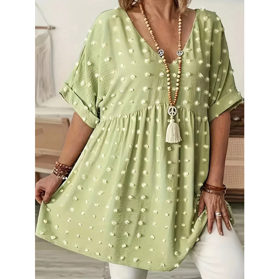 Plus Size Swiss Dot V-Neck Casual Blouse Light Yellow / XL Apparel and Accessories