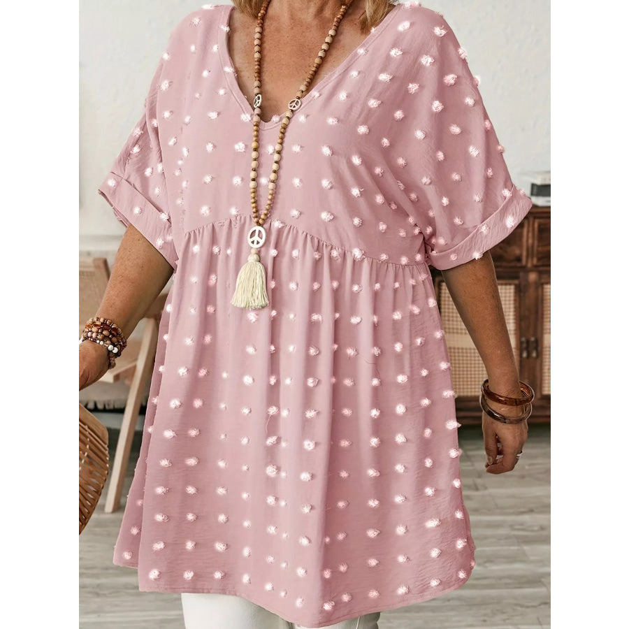 Plus Size Swiss Dot V-Neck Casual Blouse Pink / XL Apparel and Accessories