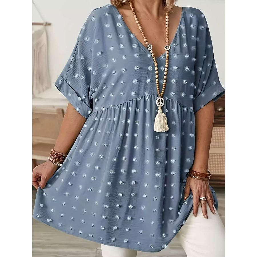 Plus Size Swiss Dot V-Neck Casual Blouse Sea blue / XL Apparel and Accessories