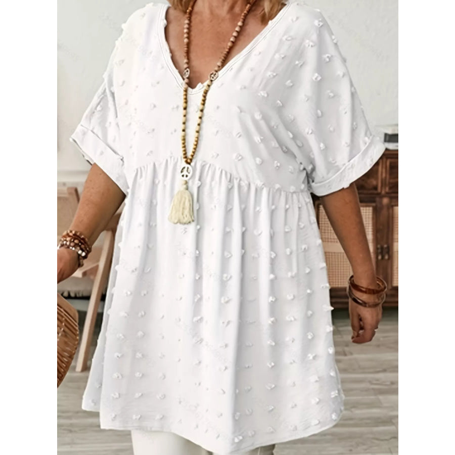 Plus Size Swiss Dot V-Neck Casual Blouse White / XL Apparel and Accessories