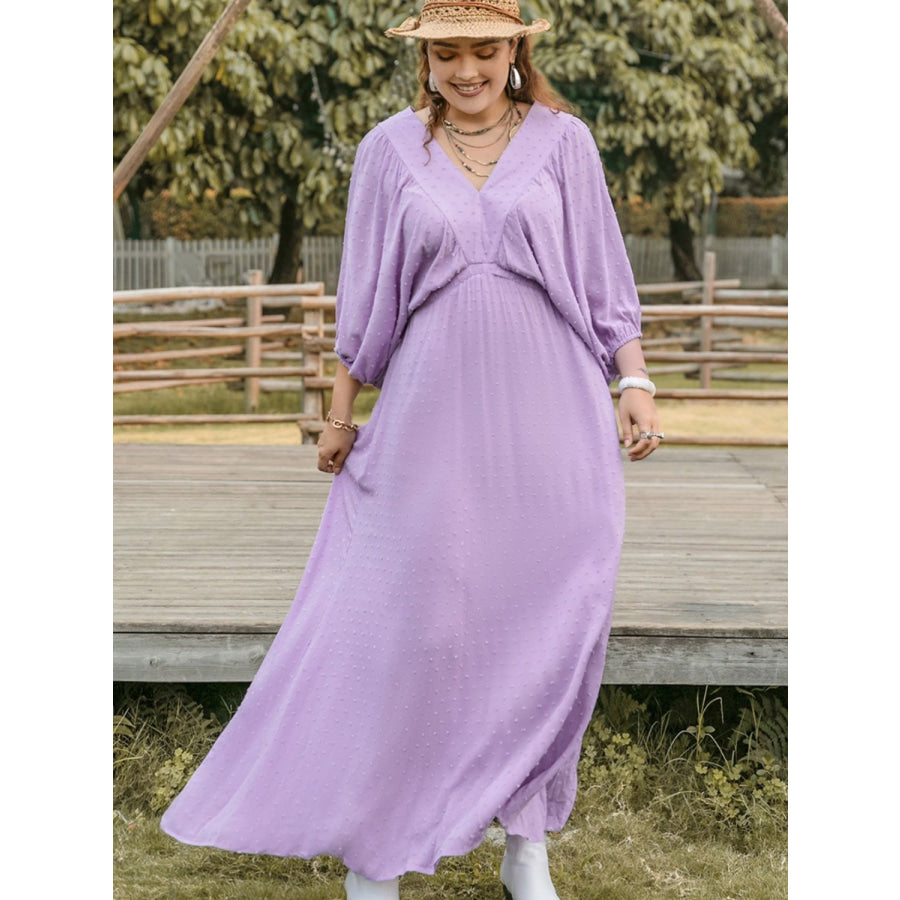 Plus Size Swiss Dot V-Neck Midi Dress Apparel and Accessories