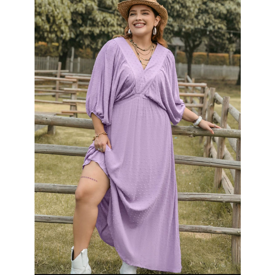 Plus Size Swiss Dot V-Neck Midi Dress Apparel and Accessories