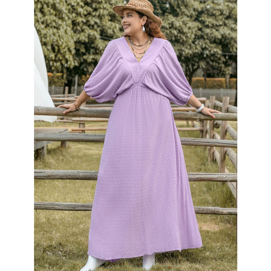 Plus Size Swiss Dot V-Neck Midi Dress Apparel and Accessories