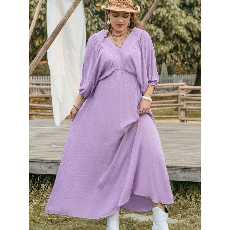 Plus Size Swiss Dot V-Neck Midi Dress Apparel and Accessories