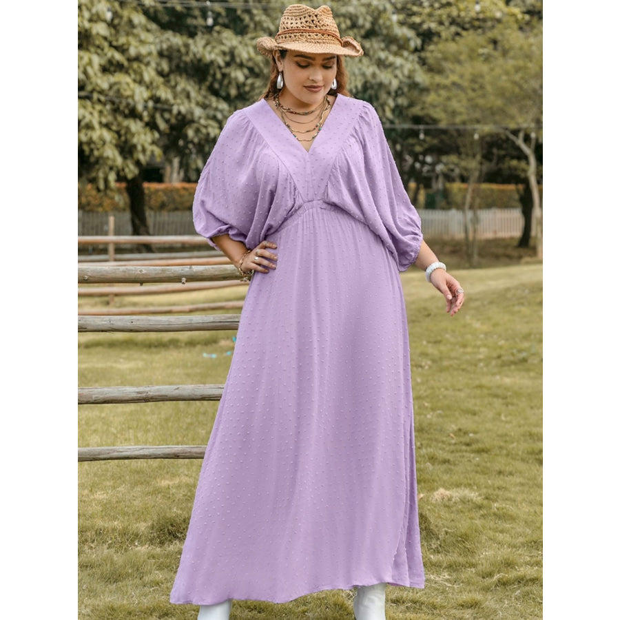 Plus Size Swiss Dot V-Neck Midi Dress Pink Purple / 0XL Apparel and Accessories