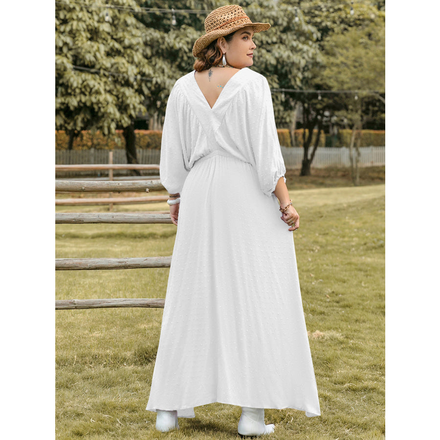 Plus Size Swiss Dot V-Neck Three-Quarter Sleeve Dress White / 0XL Apparel and Accessories