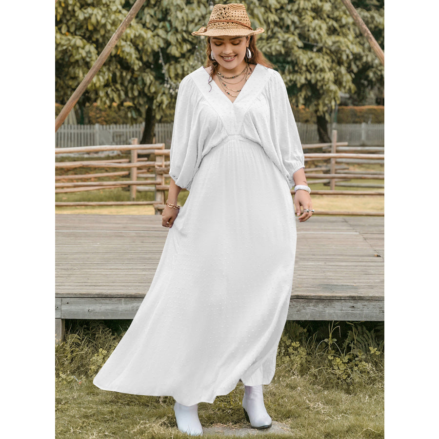 Plus Size Swiss Dot V-Neck Three-Quarter Sleeve Dress White / 0XL Apparel and Accessories