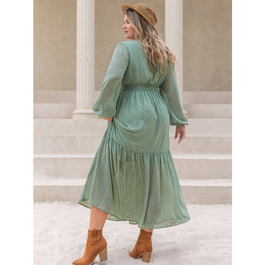 Plus Size Tassel Printed Tie Neck Long Sleeve Midi Dress Gum Leaf / 0XL Apparel and Accessories