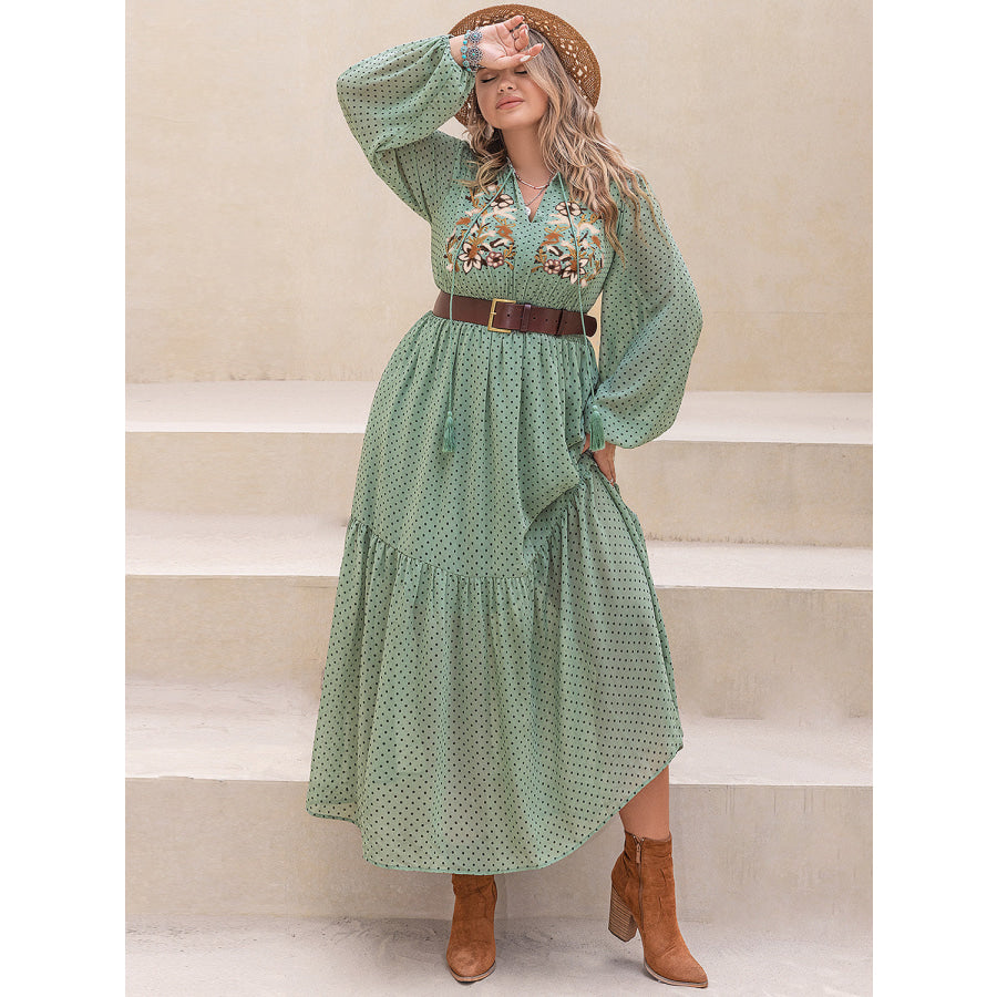 Plus Size Tassel Printed Tie Neck Long Sleeve Midi Dress Gum Leaf / 0XL Apparel and Accessories