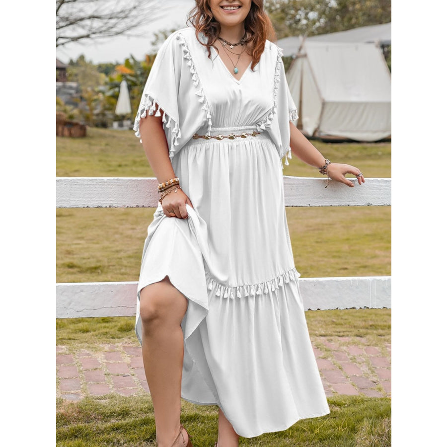 Plus Size Tassel Smocked V-Neck Half Sleeve Dress Apparel and Accessories