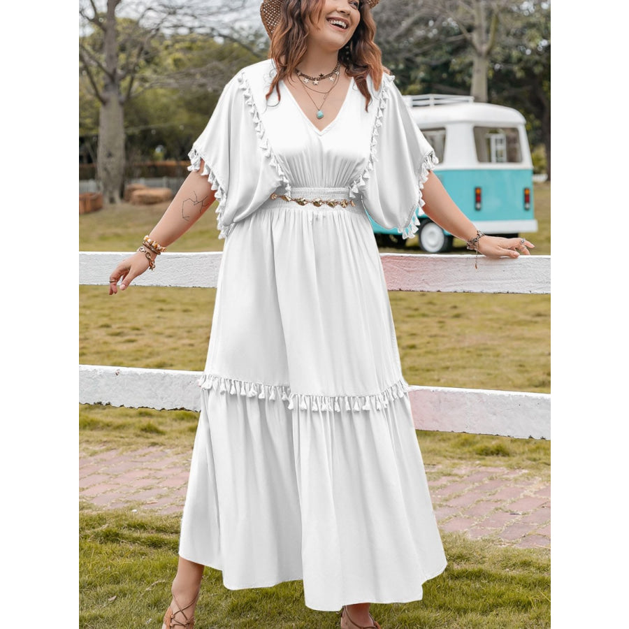 Plus Size Tassel Smocked V-Neck Half Sleeve Dress Apparel and Accessories