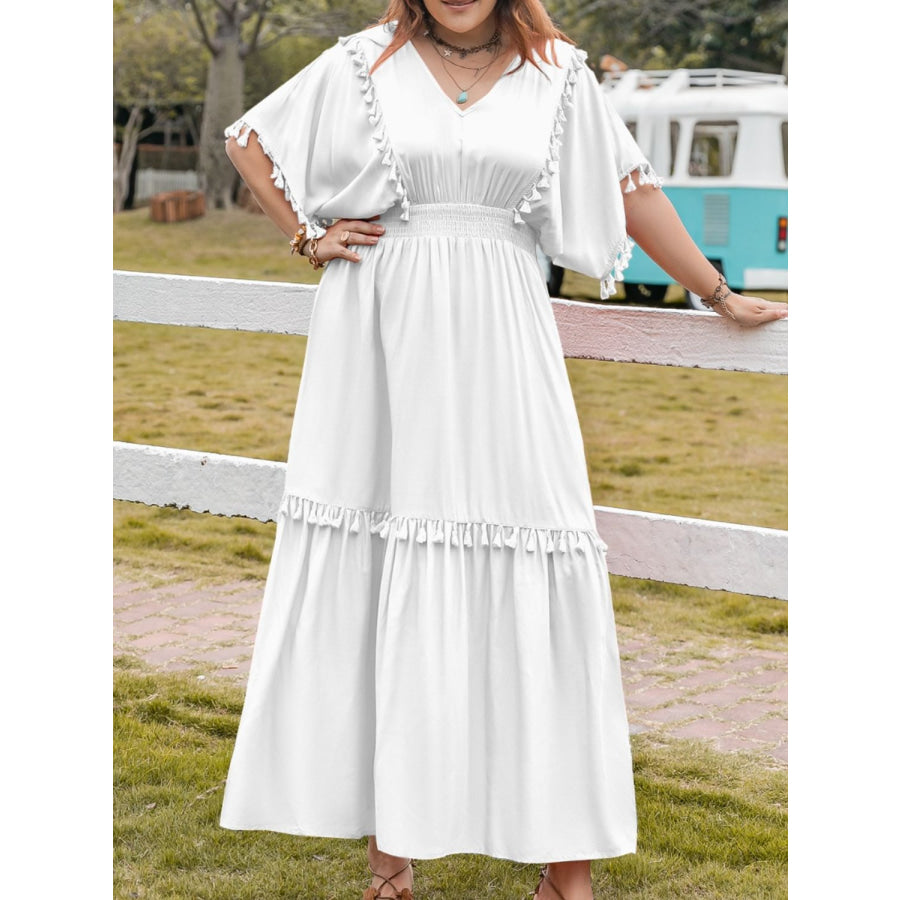 Plus Size Tassel Smocked V-Neck Half Sleeve Dress Apparel and Accessories