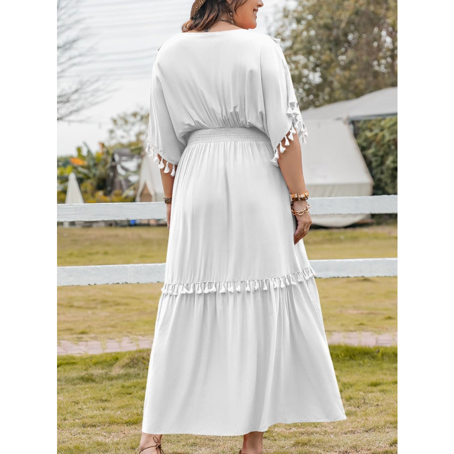 Plus Size Tassel Smocked V-Neck Half Sleeve Dress Apparel and Accessories