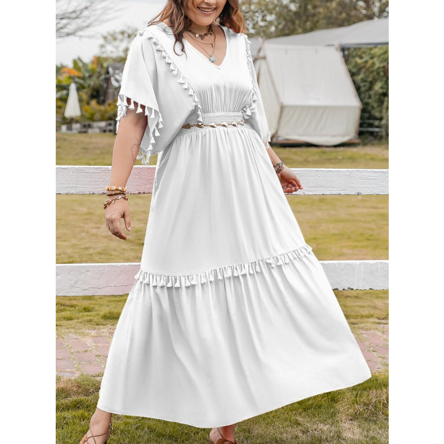 Plus Size Tassel Smocked V-Neck Half Sleeve Dress White / 0XL Apparel and Accessories