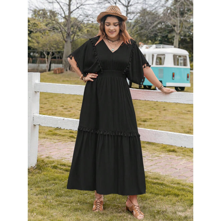 Plus Size Tassel Trim V-Neck Short Sleeve Ruffle Hem Dress Black / 0XL Clothing