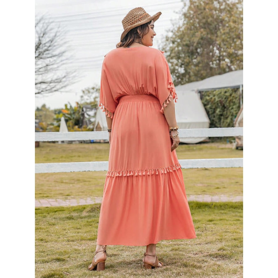 Plus Size Tassel Trim V-Neck Short Sleeve Ruffle Hem Dress Coral / 0XL Clothing