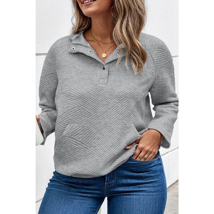 Plus Size Texture Half Snap Long Sleeve Sweatshirt Apparel and Accessories