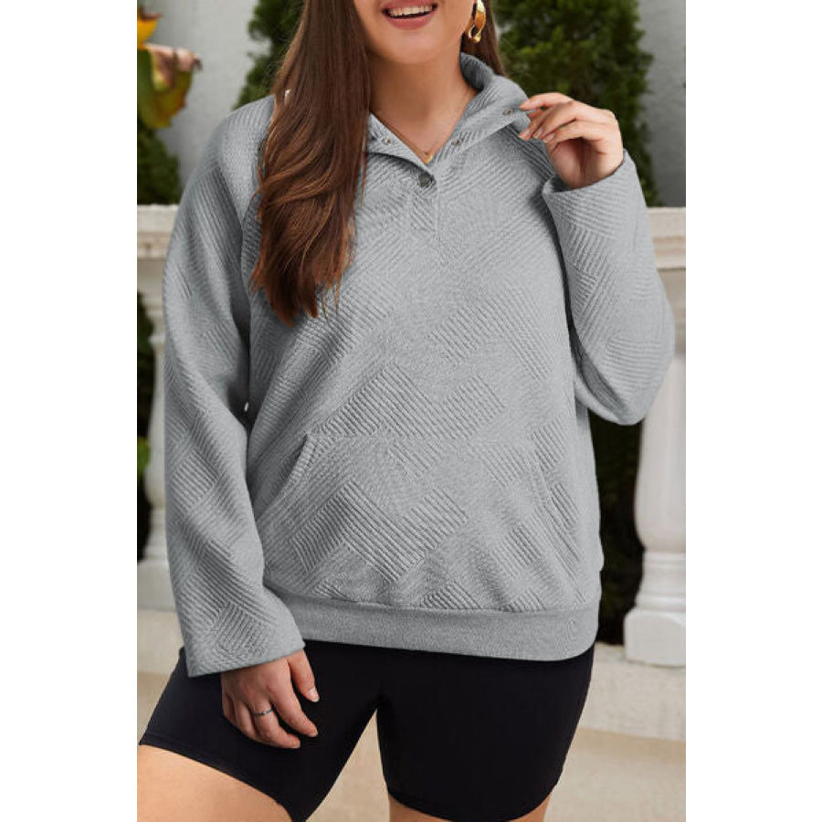 Plus Size Texture Half Snap Long Sleeve Sweatshirt Charcoal / 1XL Apparel and Accessories