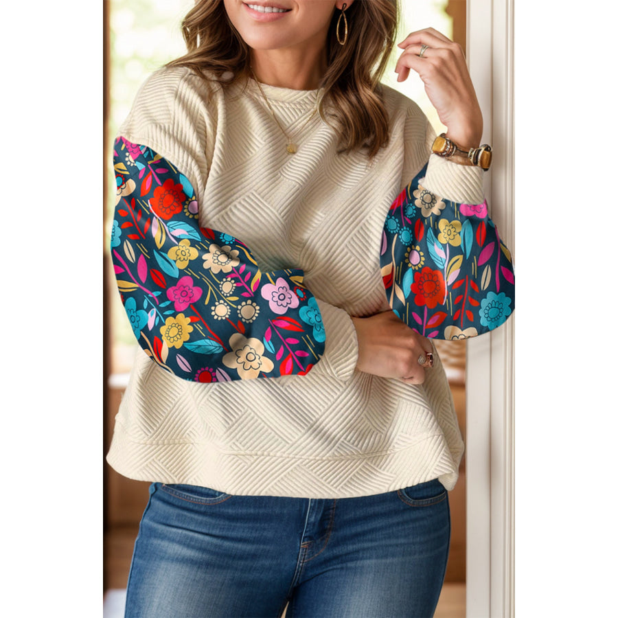 Plus Size Texture Printed Round Neck Long Sleeve Blouse Ivory / 1XL Apparel and Accessories